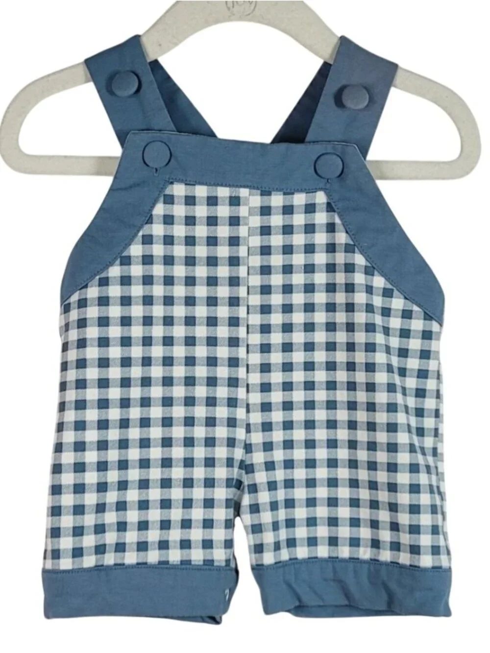 Southern Bay Smocking Co Boys Gingham Shortalls Blue Size NB Buttons Snaps Lined